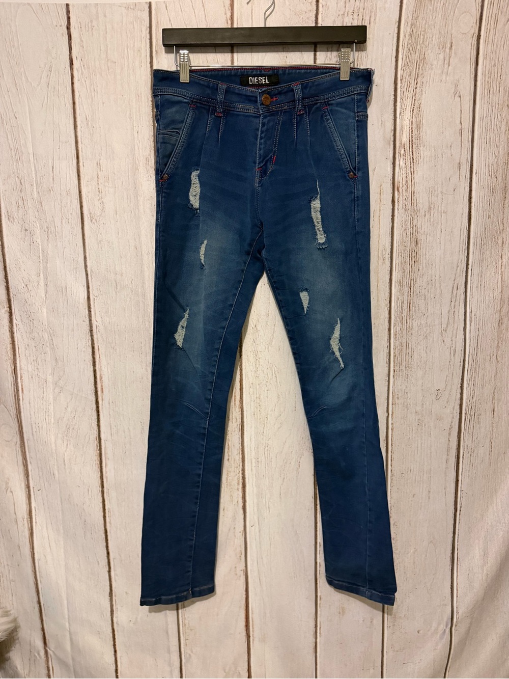 Diesel Distressed Slim Fit Blue Denim Jeans Red Stitching Detail